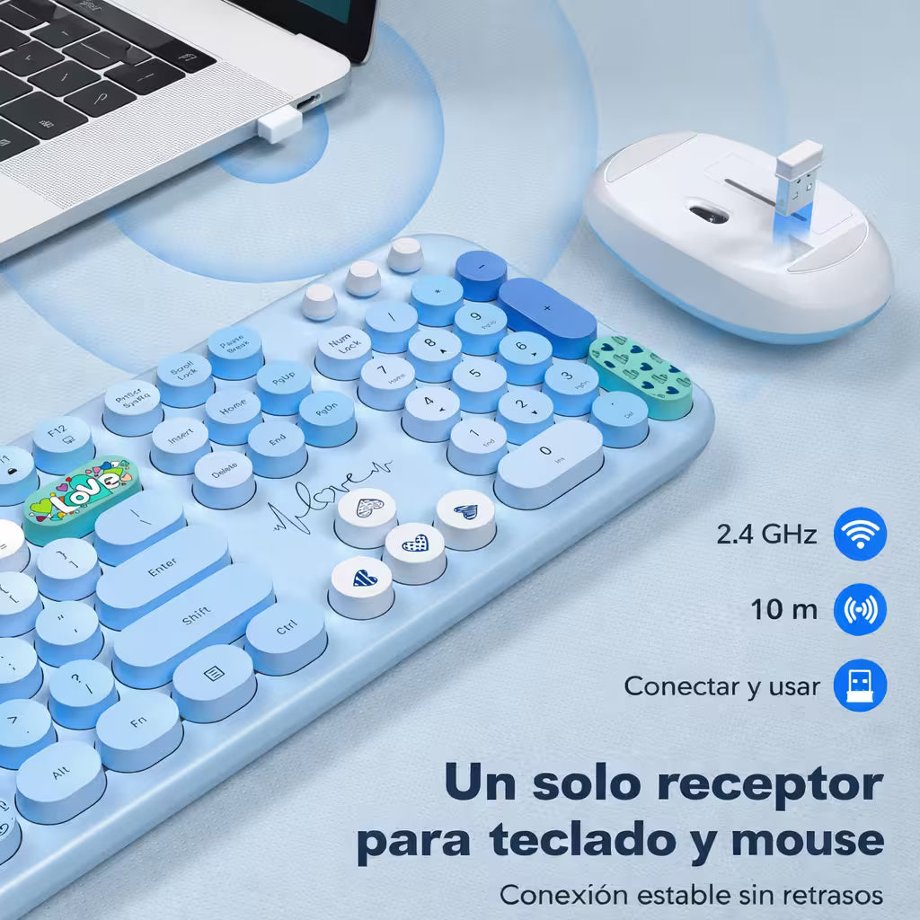 Combo Teclado y Mouse Inalámbrico Mofii Lovely - Azul | Full-Size 104 Teclas Redondas DPI Ajustable | 2.4G