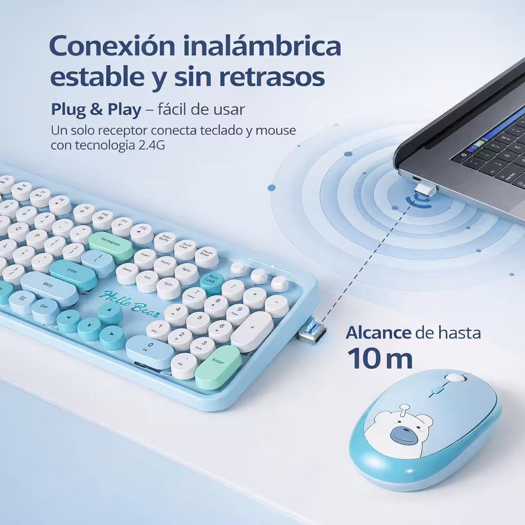 Combo Teclado y Mouse Inalámbrico Geezer Hello Bear - Azul | Mouse 800/1200/1600 DPI | 10m | 2.4G