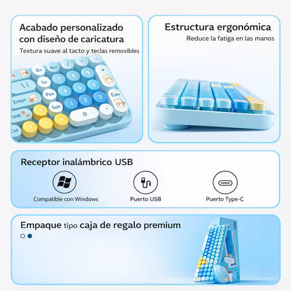 Combo Teclado y Mouse Inalámbrico Baby Bear - Azul | 100 Teclas Redondas Retro Multicolor | 10m | 2.4G