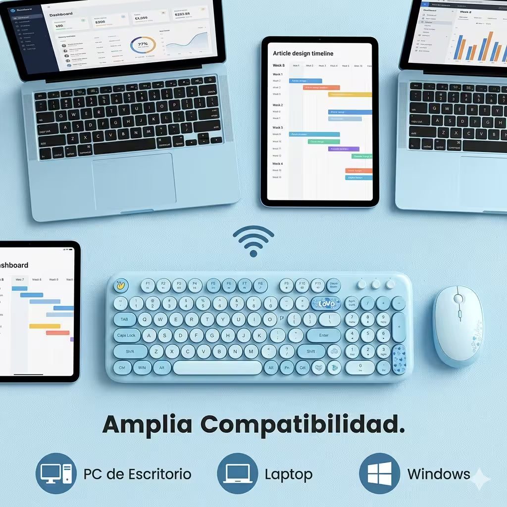 Combo Teclado y Mouse Inalámbrico Mofii Lovely - Azul | Full-Size 104 Teclas Redondas DPI Ajustable | 2.4G