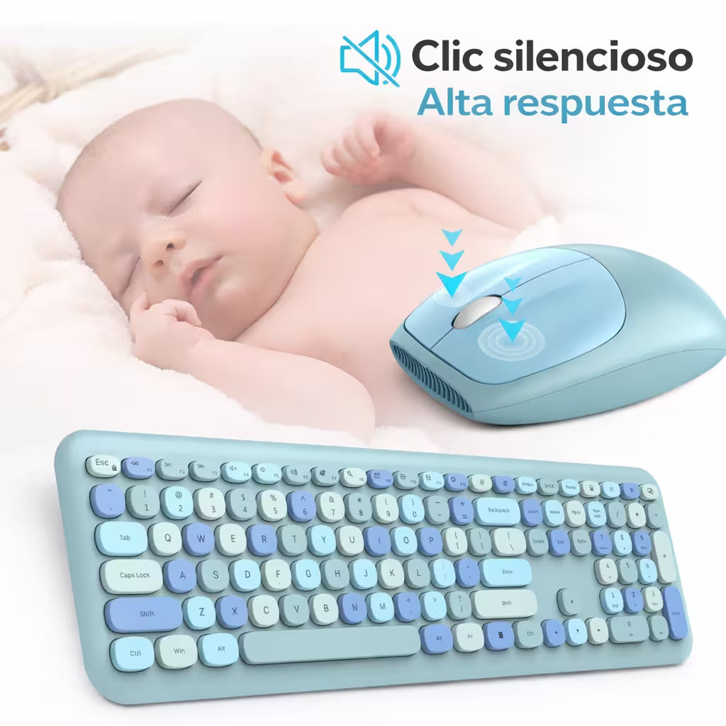 Combo Teclado y Mouse Inalámbrico MOFII 0060 — Turquesa | 100 Teclas + Soporte Tablet | 1200 DPI 10m | 2.4G