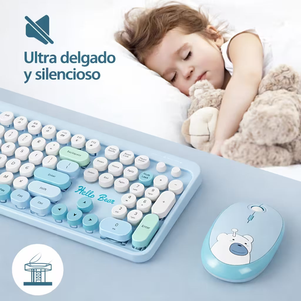 Combo Teclado y Mouse Inalámbrico Geezer Hello Bear - Azul | Mouse 800/1200/1600 DPI | 10m | 2.4G