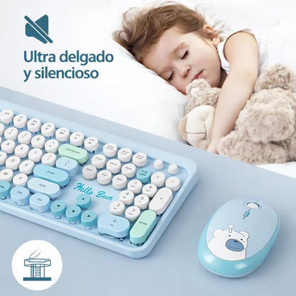 Combo Teclado y Mouse Inalámbrico Geezer Hello Bear - Azul | Mouse 800/1200/1600 DPI | 10m | 2.4G