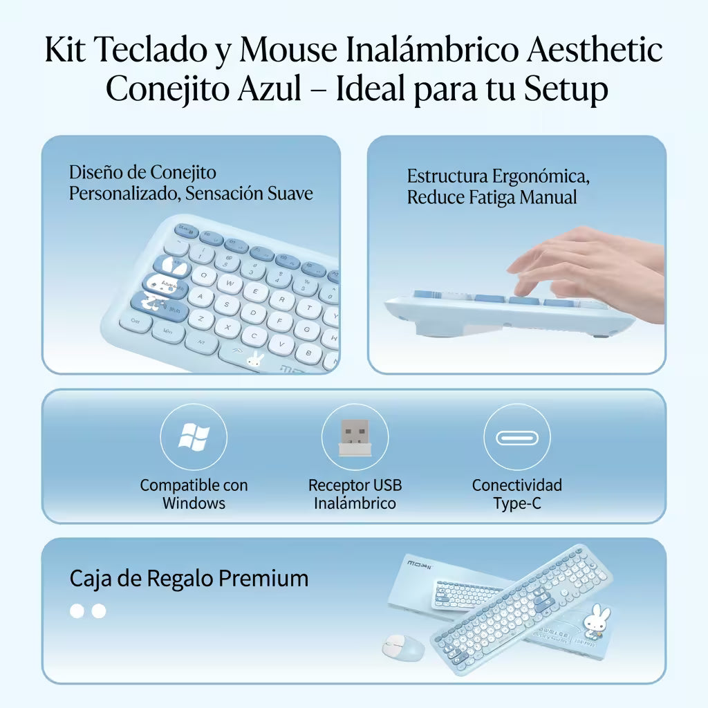 Combo Teclado y Mouse Inalámbrico MOFII 66Pro — Azul | Diseño Kawaii Conejo | 104 Teclas Full-Size | 20 Funciones Multimedia