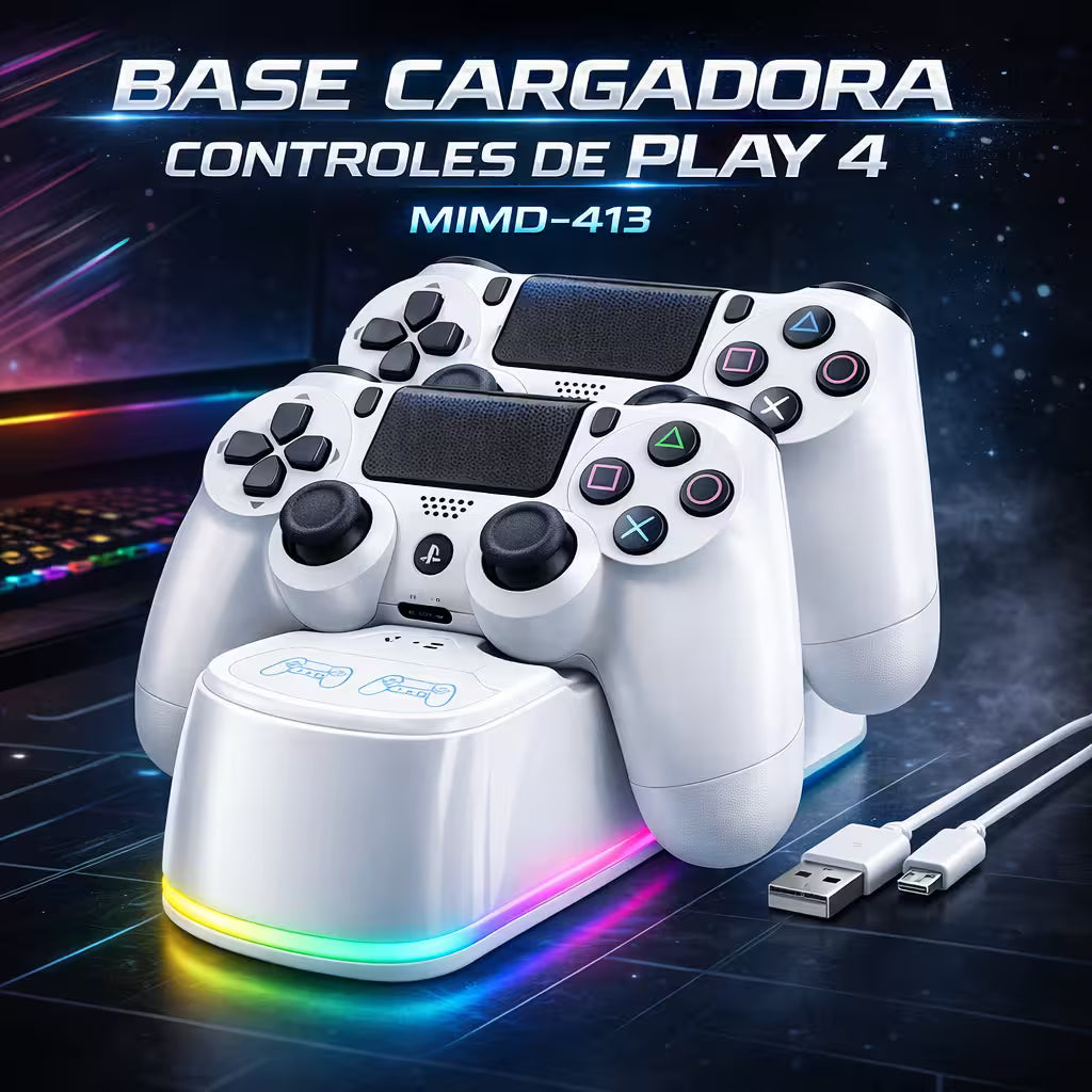 Base de Carga Dual PS4 RGB Blanca - Cargador 2 Controles PlayStation 4 Slim Pro