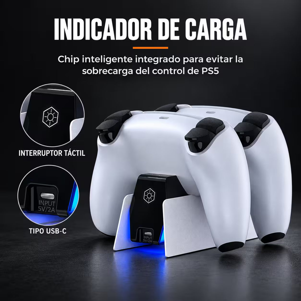 Base Cargadora HONCAM PS5 DualSense Blanca - Carga Dual LED Azul Tri-Protección Type-C