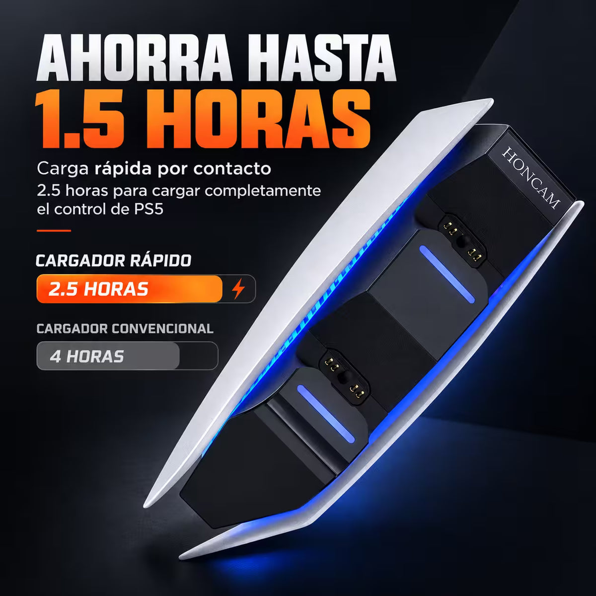 Base Cargadora HONCAM PS5 DualSense Blanca - Carga Dual LED Azul Tri-Protección Type-C