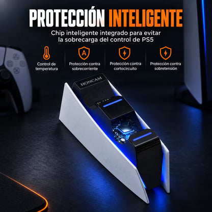 Base Cargadora HONCAM PS5 DualSense Blanca - Carga Dual LED Azul Tri-Protección Type-C