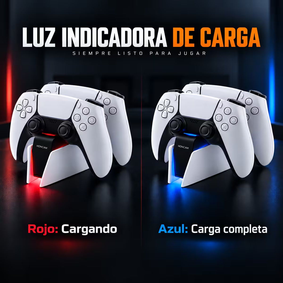 Base Cargadora HONCAM PS5 DualSense Blanca - Carga Dual LED Azul Tri-Protección Type-C