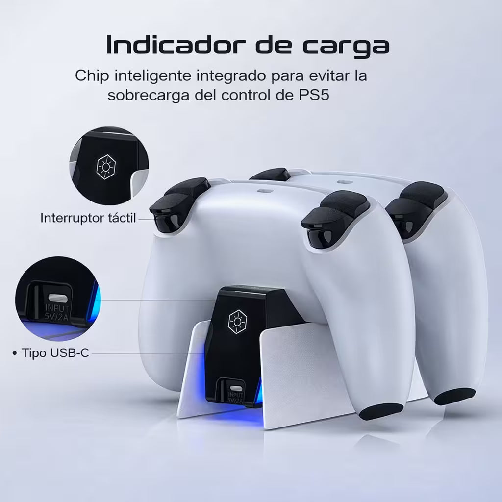 Base Cargadora HONCAM PS5 DualSense Blanca - Carga Dual LED Azul Tri-Protección Type-C