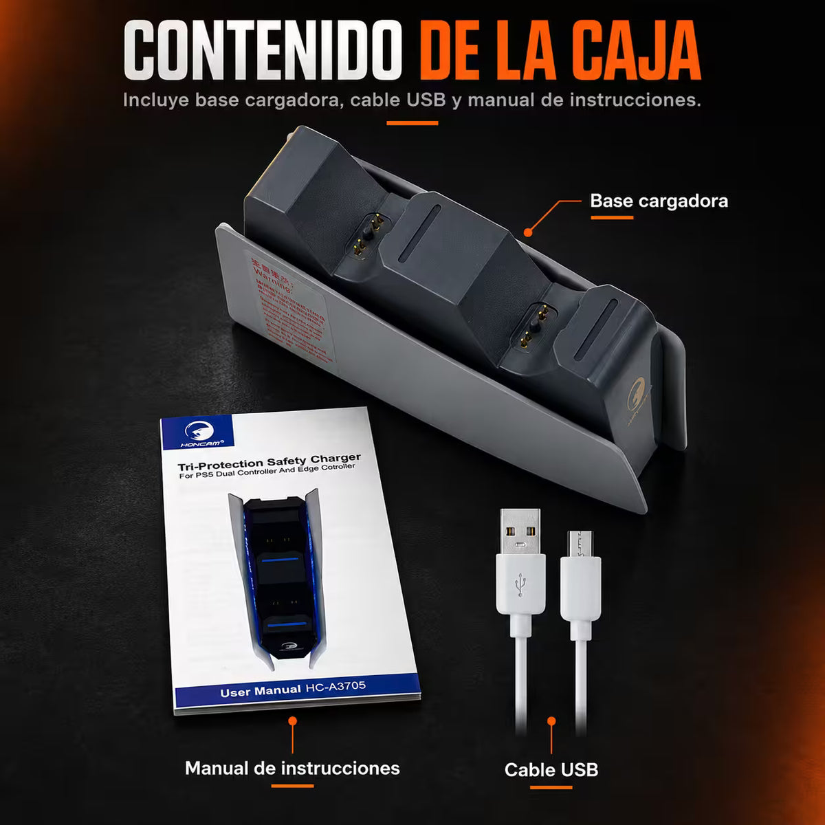 Base Cargadora HONCAM PS5 DualSense Gris - Carga Dual LED Azul Tri-Protección Type-C