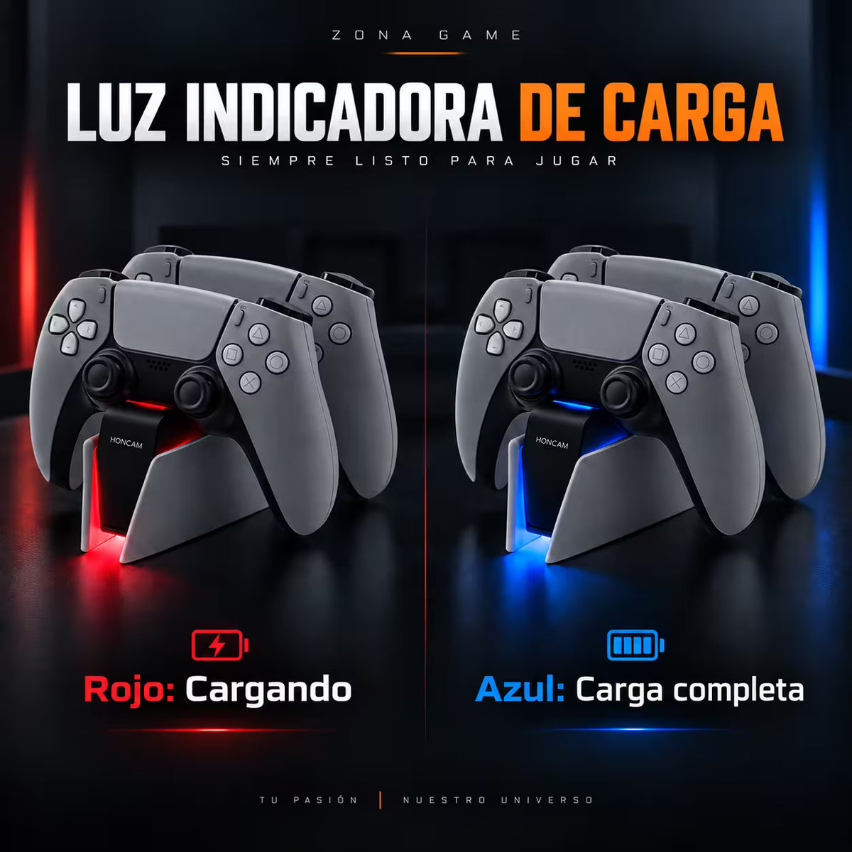 Base Cargadora HONCAM PS5 DualSense Gris - Carga Dual LED Azul Tri-Protección Type-C