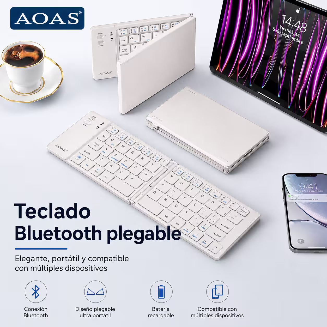 Teclado Plegable Bluetooth AOAS A-1006 Blanco - Inalámbrico Portátil QWERTY