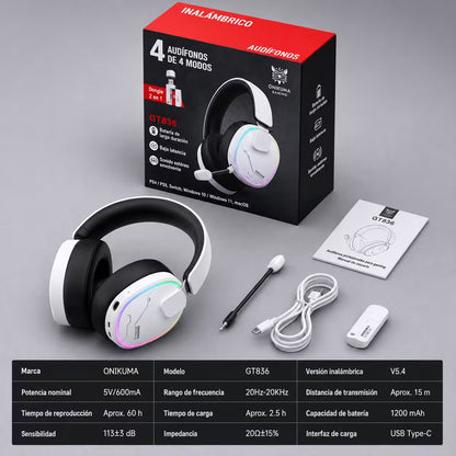 Audífonos Gamer Inalámbricos Onikuma GT836 Blanca | 4 en 1 | 60H Batería | PS5, PC, Switch, Móvil
