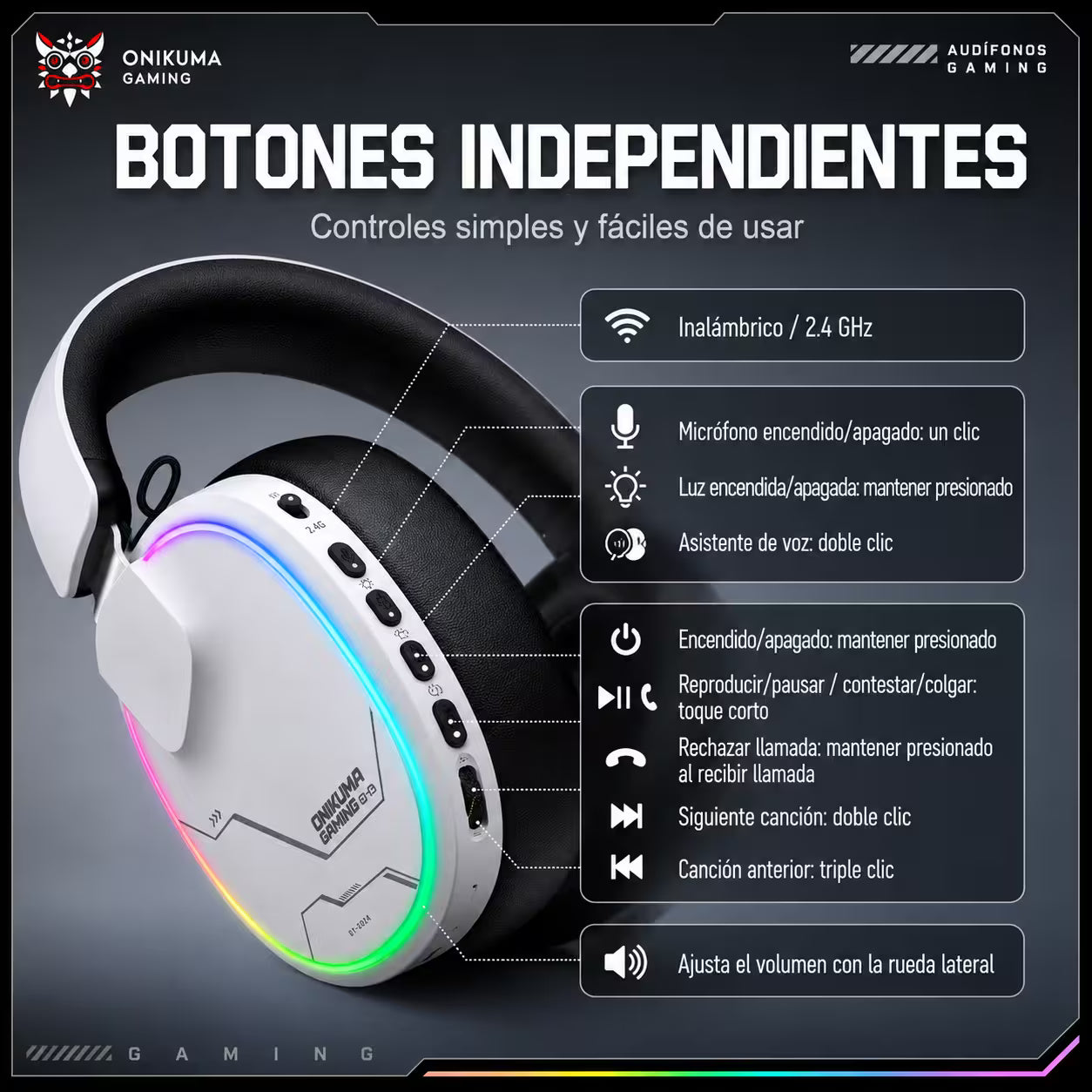 Audífonos Gamer Inalámbricos Onikuma GT836 Blanca | 4 en 1 | 60H Batería | PS5, PC, Switch, Móvil