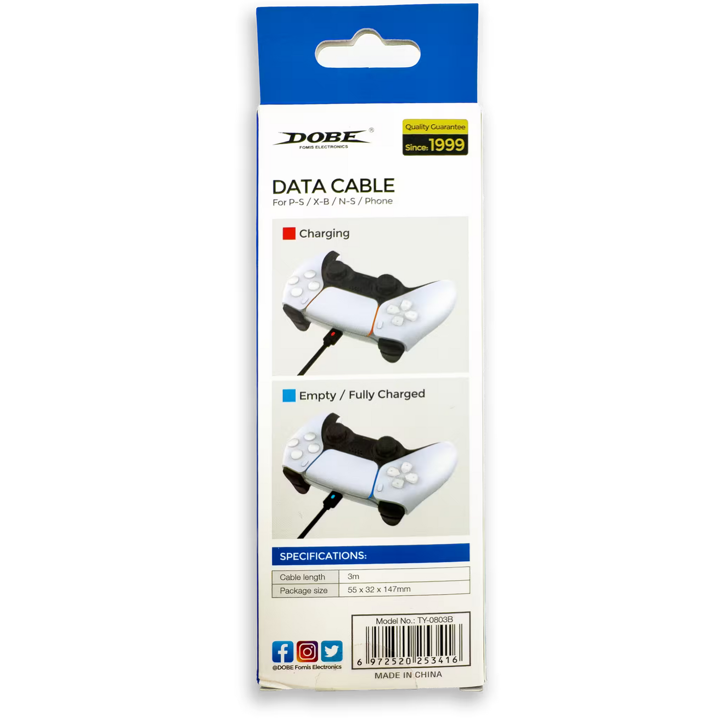 CABLE DE CARGA RÁPIDA Y TRANSMISIÓN DE 3 METROS (MULTI-COMPATIBLE) DOBE | PLAY 5 -XBOX SERIES - NINTENDO SWITCH - CELULAR