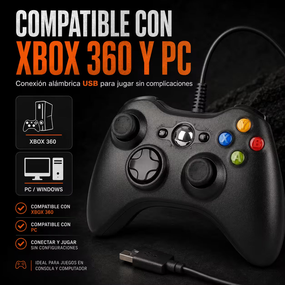 Compatibilidad del control con cable con Xbox 360 y PC Windows.