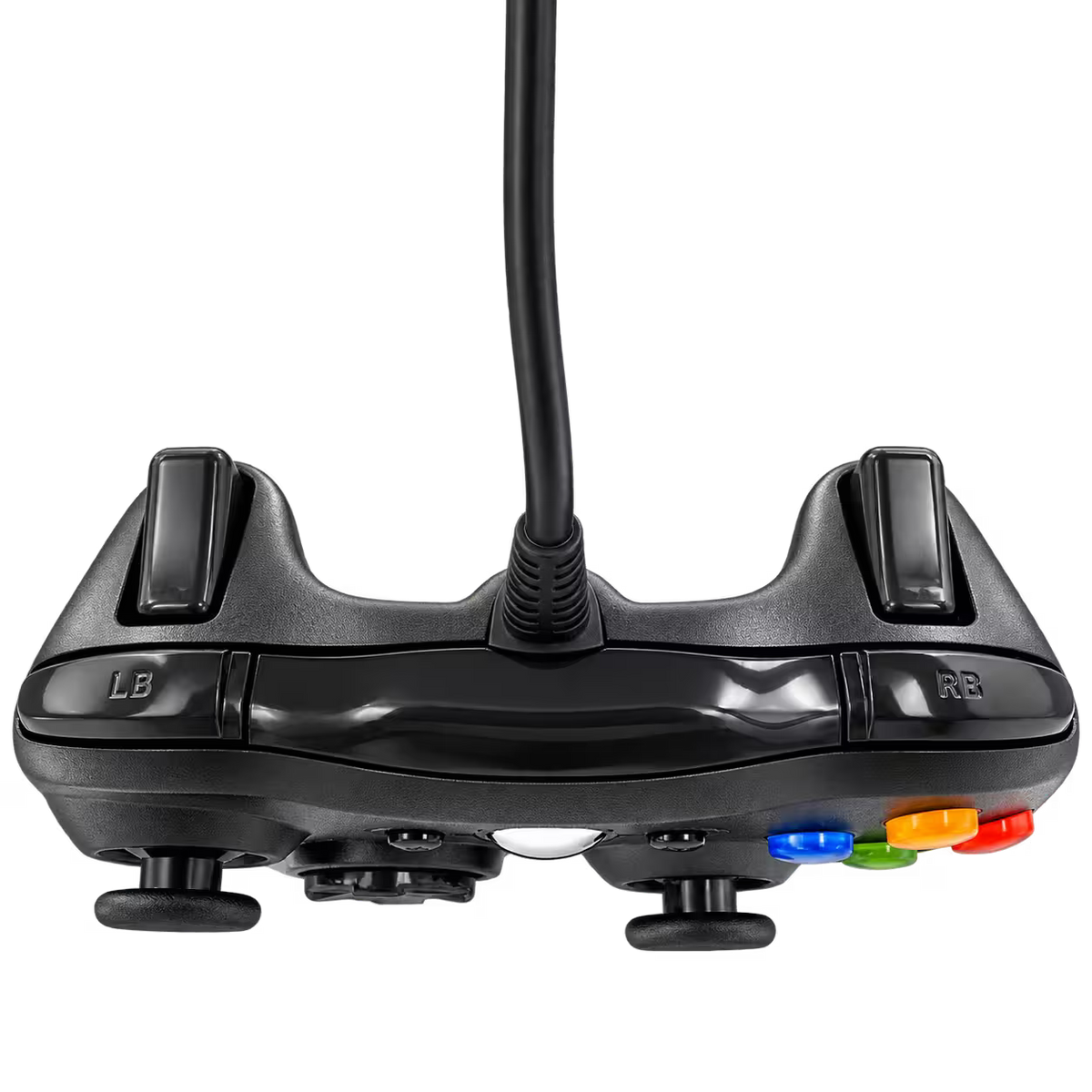 Vista superior del control con gatillos LB y RB y salida del cable.