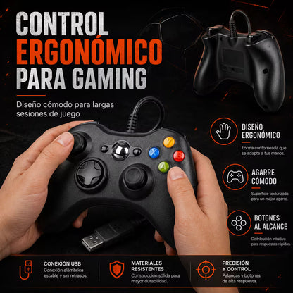Control con cable sostenido con ambas manos para mostrar su agarre ergonómico.