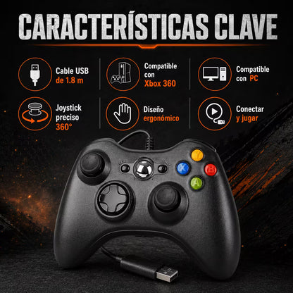 Infografía del control con cable: compatibilidad, cable de 1,8 m y joysticks de 360°.