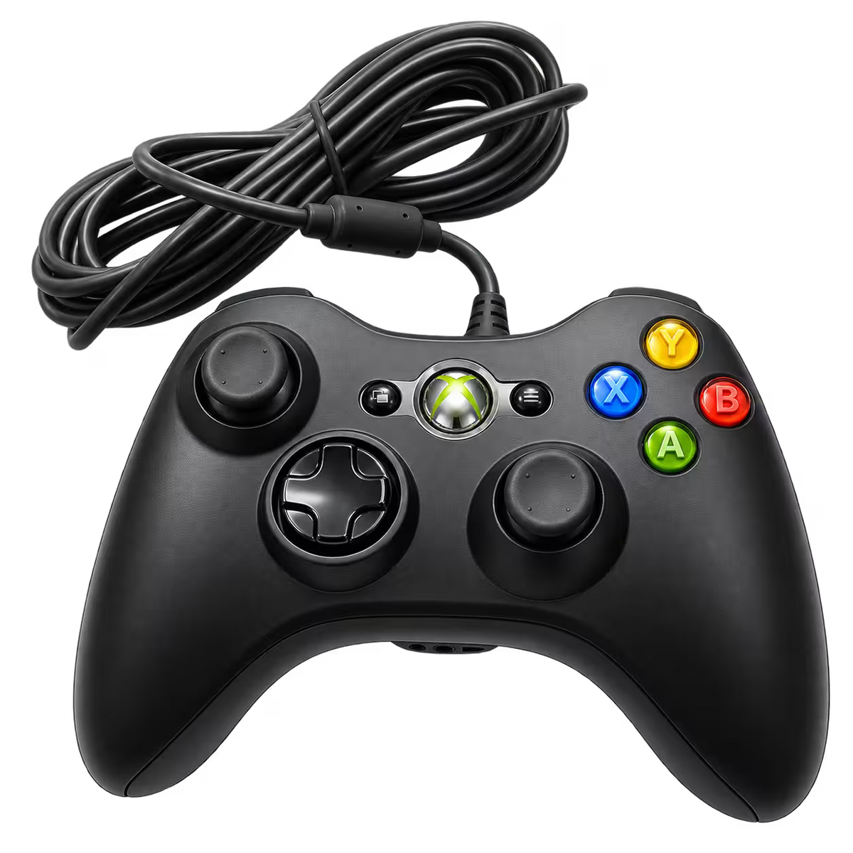 Control con cable para Xbox 360 y PC, vista frontal con el cable recogido.