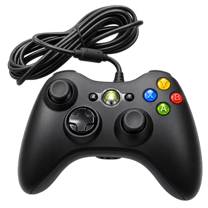 Control con cable para Xbox 360 y PC, vista frontal con el cable recogido.