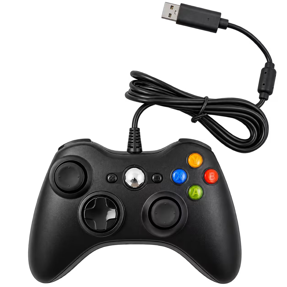 Control para Xbox 360 y PC en ángulo con el cable USB desplegado.