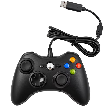 Control para Xbox 360 y PC en ángulo con el cable USB desplegado.