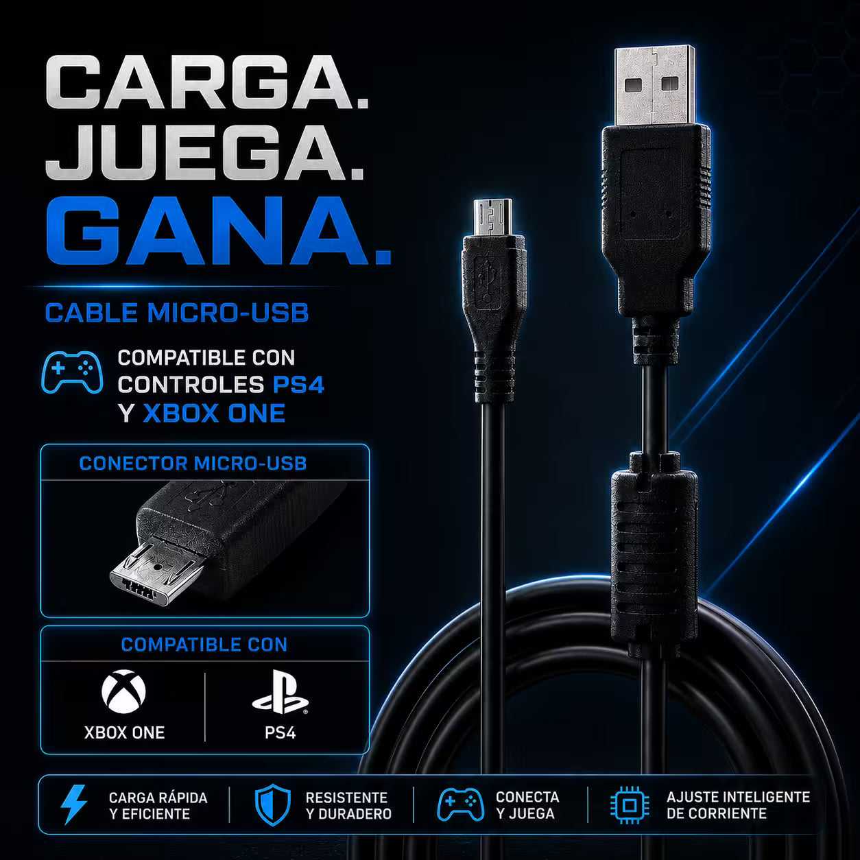 Cable de Datos y Carga USB Alta Resistencia DOBE | Compatible PS4 y Xbox One