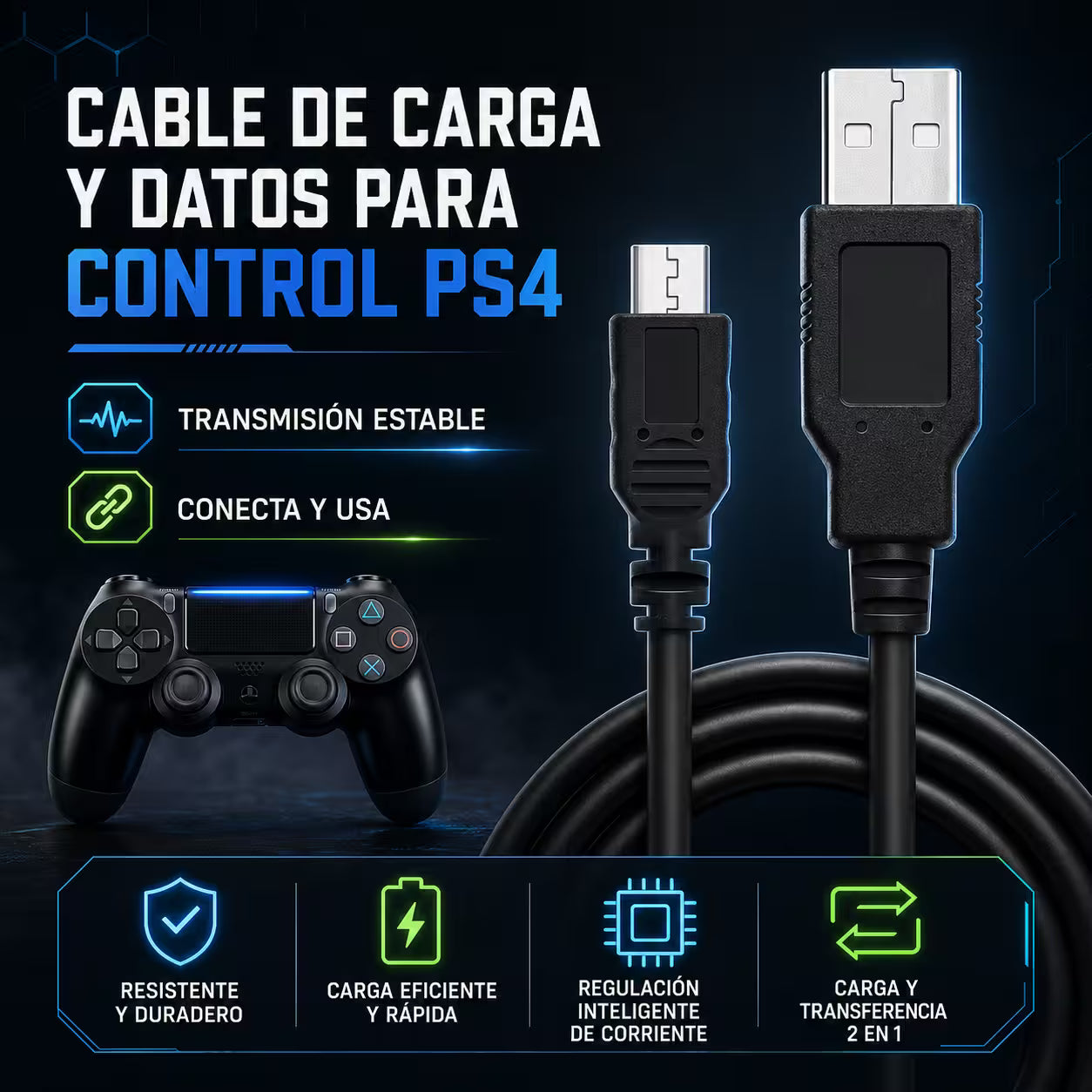 Cable de Datos y Carga USB Alta Resistencia DOBE | Compatible PS4 y Xbox One