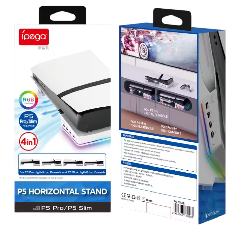 Base Horizontal RGB 4-en-1 iPega – PS5 Slim y PS5 Pro | Hub 4x USB 2.0 | 14 Modos RGB