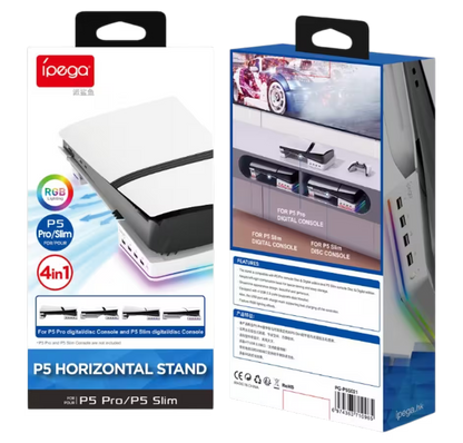 Base Horizontal RGB 4-en-1 iPega – PS5 Slim y PS5 Pro | Hub 4x USB 2.0 | 14 Modos RGB