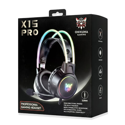 Diadema Gamer ONIKUMA X15 PRO RGB Negra - Diafragma Grafeno 50mm