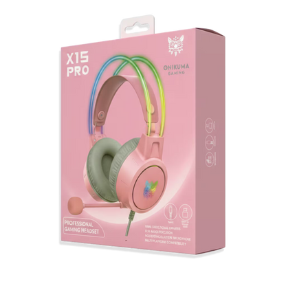 Diadema Gamer Onikuma X15 Pro Rosada – Sonido Envolvente 7.1 | Drivers 50mm | RGB | USB-C | Para Ellas