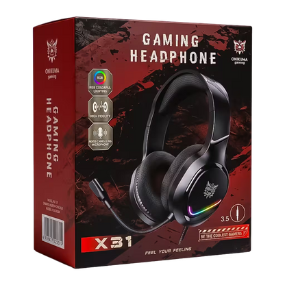 Diadema Gamer ONIKUMA X31 RGB Negra – Drivers 50mm | Mic Flexible 360° | Cable 2.1m