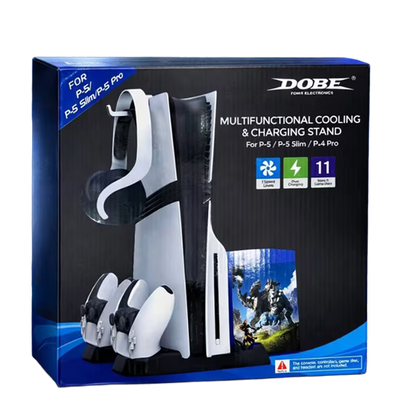 Base de Carga Dual y Ventilación Multifuncional PS5 DOBE - 11 Discos + Ganchos Auriculares | PS5 Slim Pro