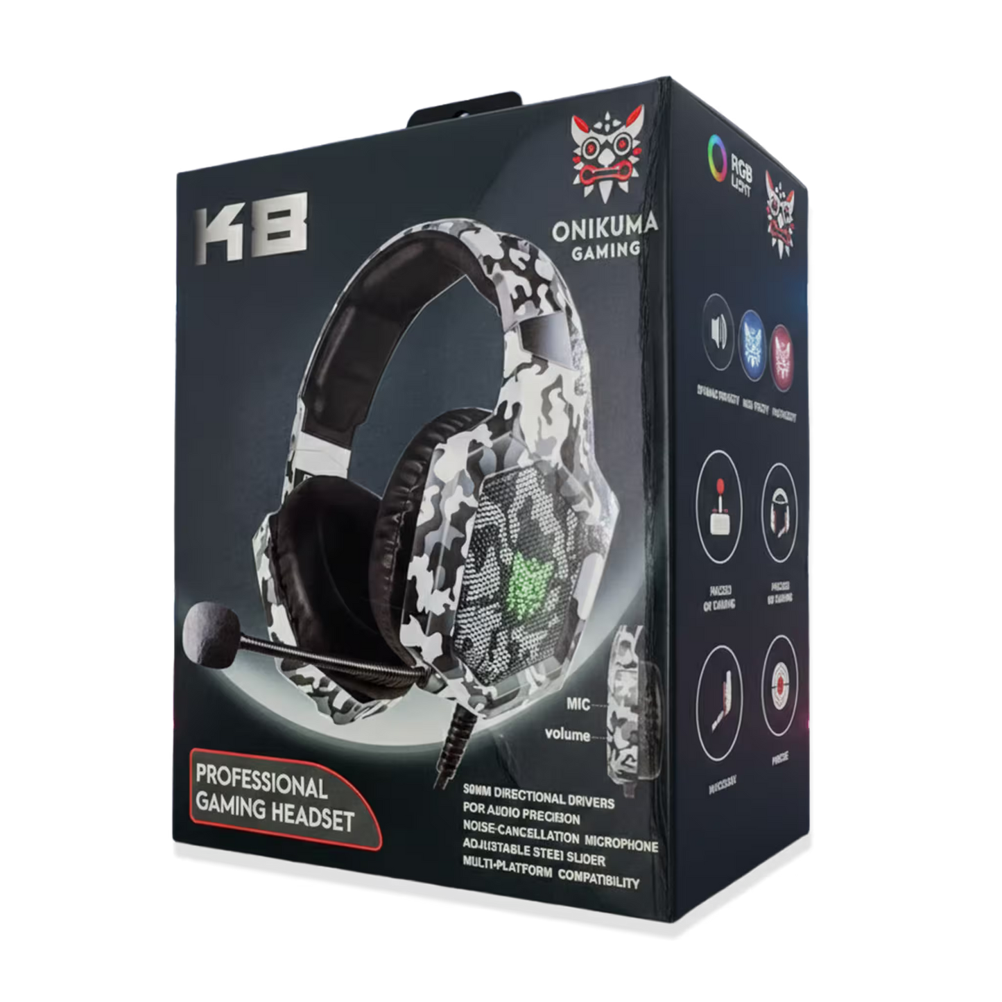 Diadema Gamer ONIKUMA K8 LED RGB Blanca Camuflada - Micrófono 360°