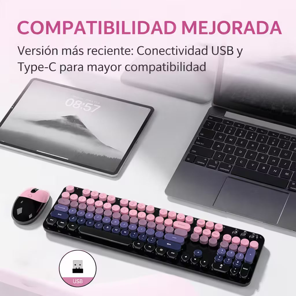 Combo Teclado Mouse MOFii SWEET Pro Recargable - Dual Bluetooth 2.4G Retro Vintage Gris