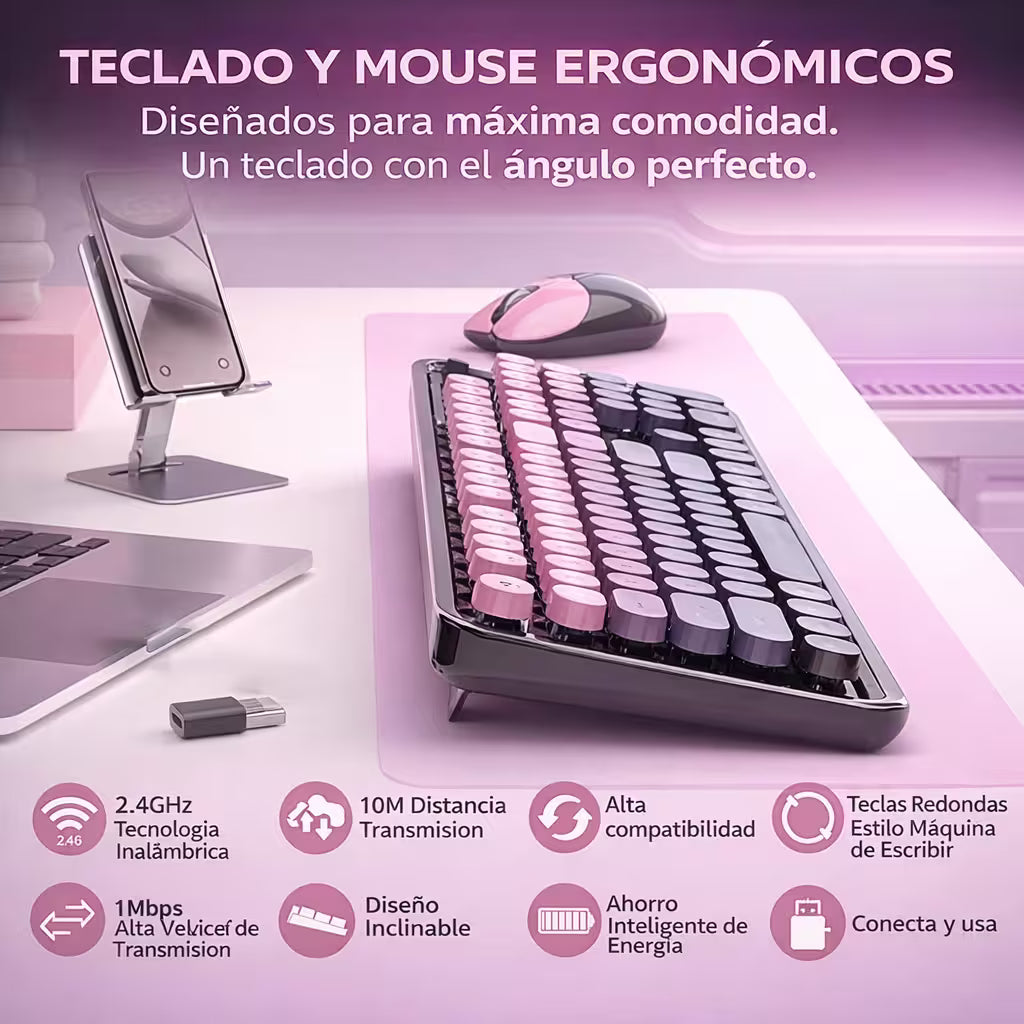 Combo Teclado Mouse MOFii SWEET Pro Recargable - Dual Bluetooth 2.4G Retro Vintage Gris