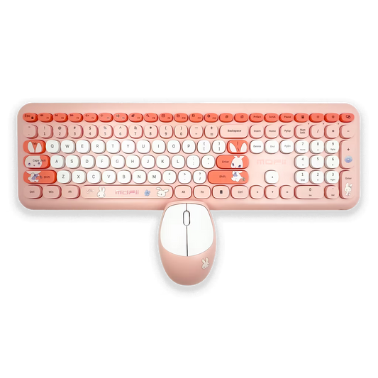 Combo Teclado y Mouse Inalámbrico MOFII 66Pro — Rosado | Diseño Kawaii Conejo | 104 Teclas Full-Size | 20 Funciones Multimedia