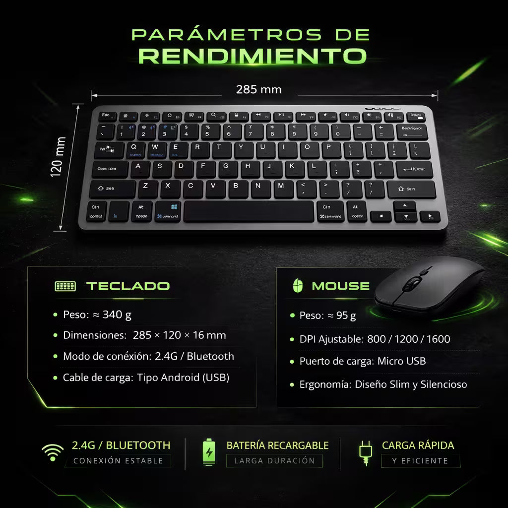 Combo Teclado y Mouse Inalámbrico Weibo WB-8077 Recargable - Bluetooth 5.0 + 2.4G con Ñ