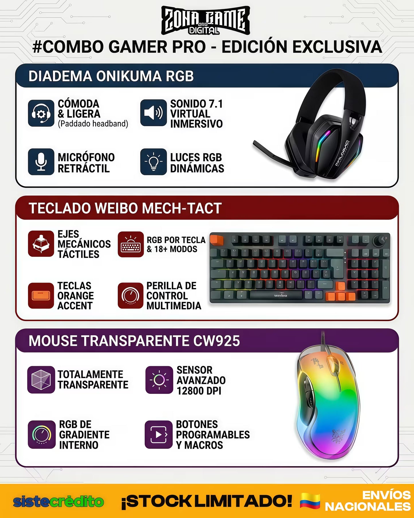 Combo Gamer Pro – Diadema Inalámbrica ONIKUMA GT826 + Mouse CW925 + Teclado Mecánico WB-666