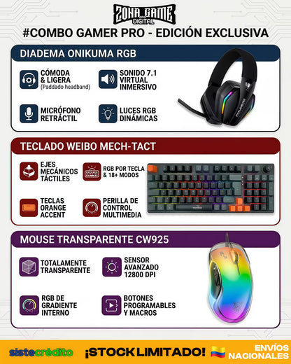 Combo Gamer Pro – Diadema Inalámbrica ONIKUMA GT826 + Mouse CW925 + Teclado Mecánico WB-666