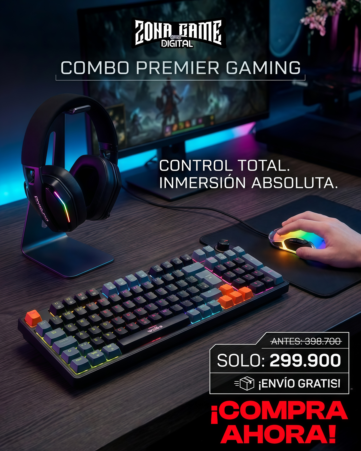 Combo Gamer Pro – Diadema Inalámbrica ONIKUMA GT826 + Mouse CW925 + Teclado Mecánico WB-666