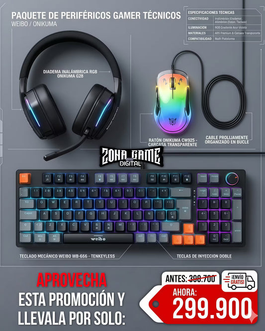 Combo Gamer Pro – Diadema Inalámbrica ONIKUMA GT826 + Mouse CW925 + Teclado Mecánico WB-666