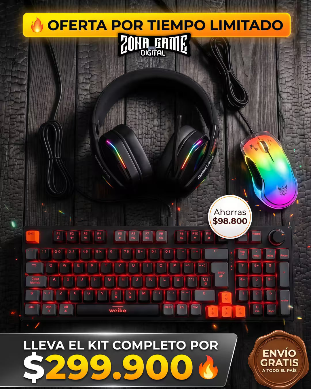 Combo Gamer Pro – Diadema Inalámbrica ONIKUMA GT826 + Mouse CW925 + Teclado Mecánico WB-666