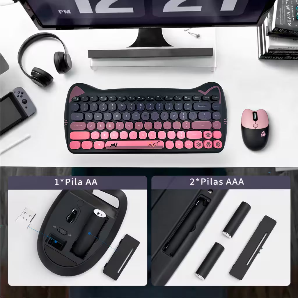 Combo Teclado Mouse Inalámbrico GEEZER Cat Series - 84 Teclas 2.4G USB Diseño Gatito