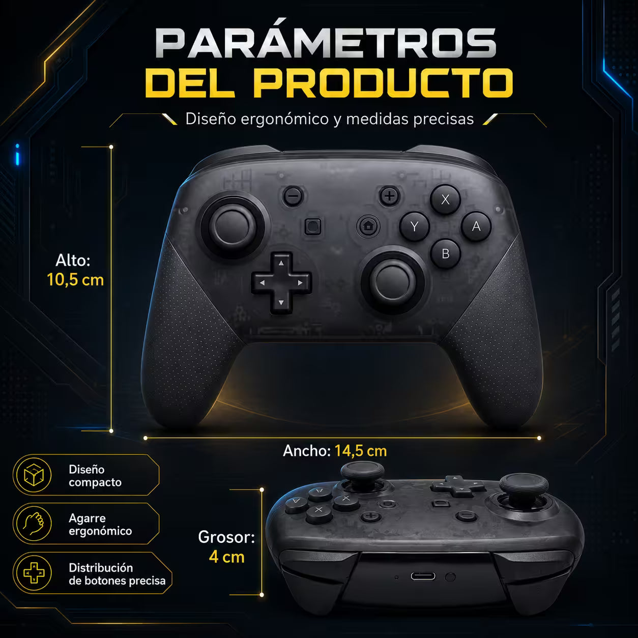 Control Pro Genérico Nintendo Switch - Negro | Bluetooth Vibración Dual Giroscopio | 8H Batería