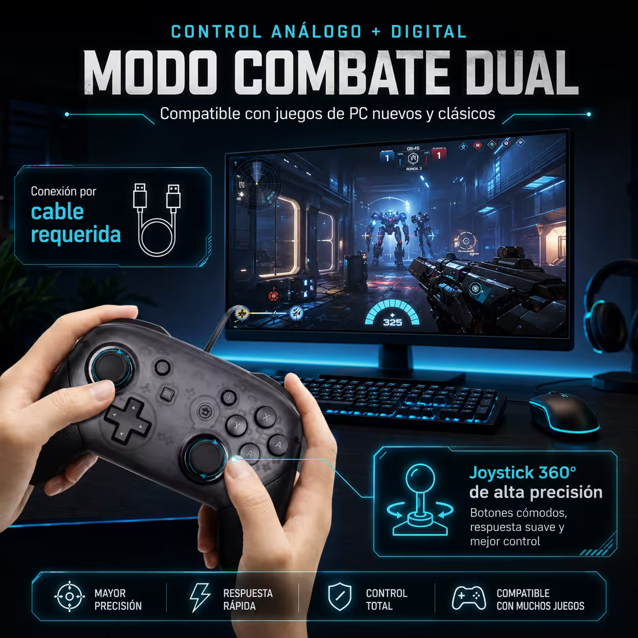 Control Pro Genérico Nintendo Switch - Negro | Bluetooth Vibración Dual Giroscopio | 8H Batería