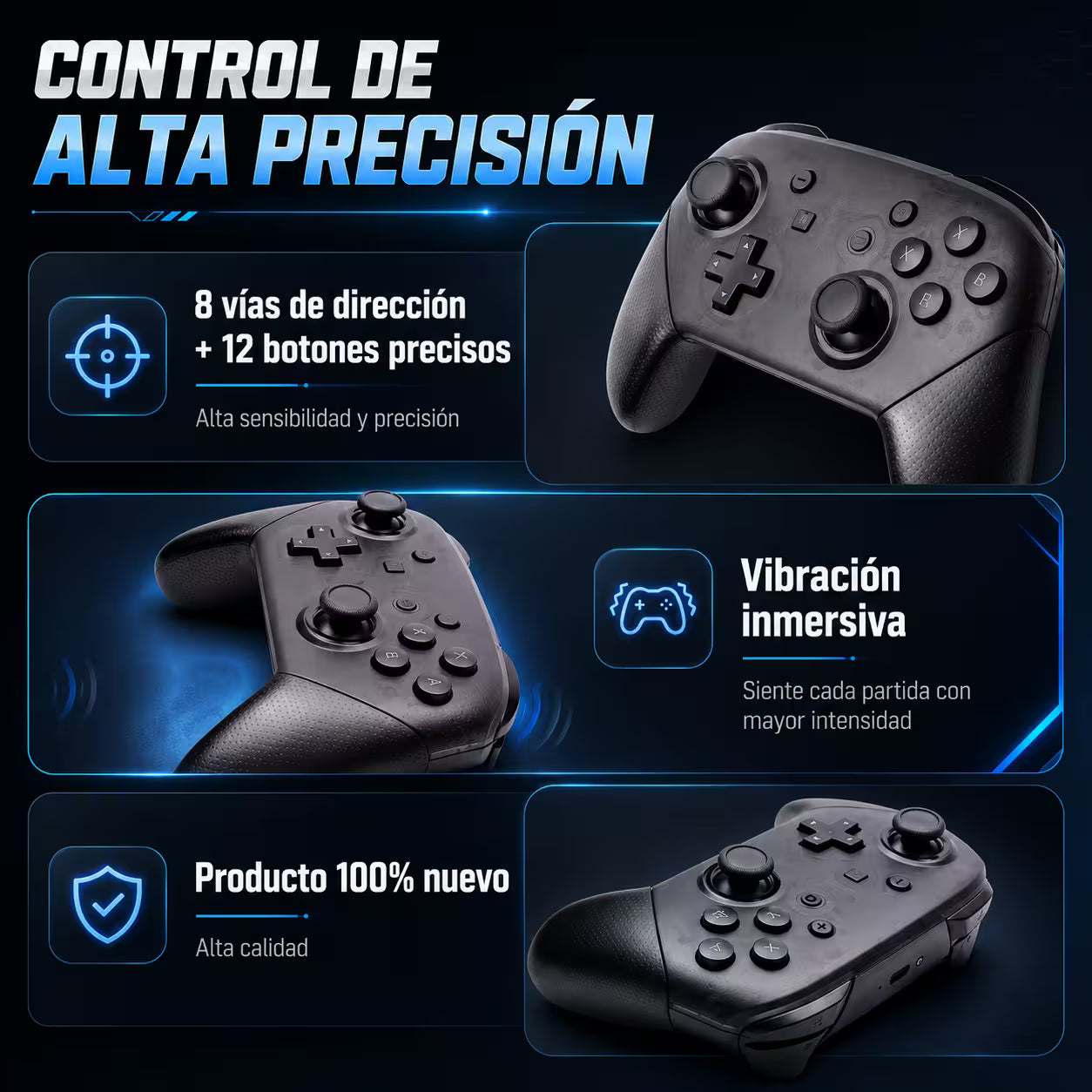 Control Pro Genérico Nintendo Switch - Negro | Bluetooth Vibración Dual Giroscopio | 8H Batería